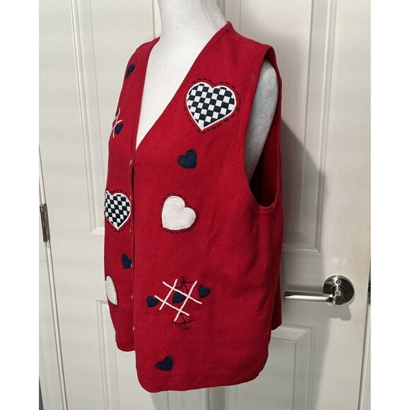 Liz Baker Sweater Vest Red Gold Buttons Hearts Valentine VINTAGE Y2K Women Large - Picture 2 of 6